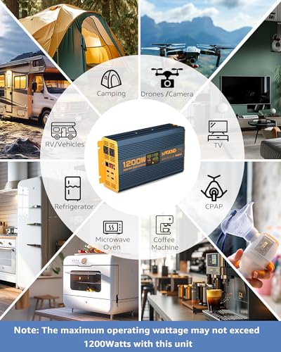 1200 Watt Pure Sine Wave Power Inverter DC 12V to 110V AC Converter with Dual AC Outlets (1200W- 12V)