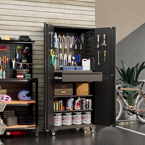 71"H Garage Storage Cabinet with Wheels (Black / 15"D x 30"W x 71"H)