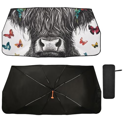 Car Front Windshield Sunshade (Highland Cow Flowers Butterflies)
