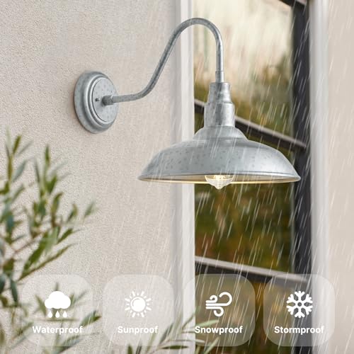 10in Outdoor Gooseneck Barn Light Silver Gray Exterior Barn Wall Sconce Farmhouse Style Outdoor Porch Wall Mount Light Brushed Silver Outside Gooseneck Lighting for Patio (Galvanized / 10" Dome)