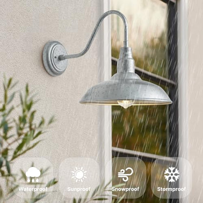 10in Outdoor Gooseneck Barn Light Silver Gray Exterior Barn Wall Sconce Farmhouse Style Outdoor Porch Wall Mount Light Brushed Silver Outside Gooseneck Lighting for Patio (Galvanized / 10" Dome)