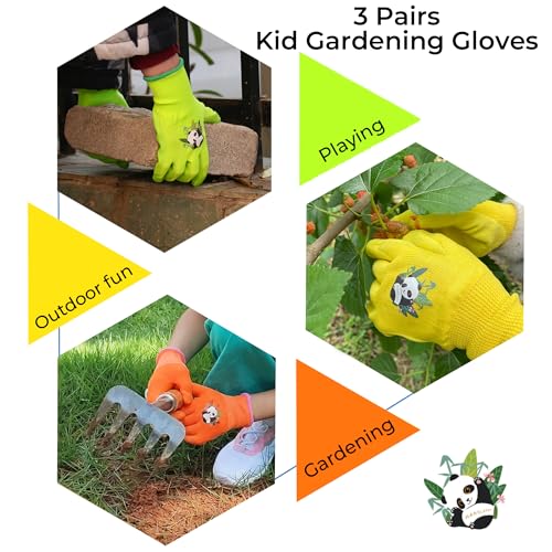 3 Pairs Kids Gardening Gloves (Green & Yellow & Orange (Pack of 3) / Large (Age 5-7))
