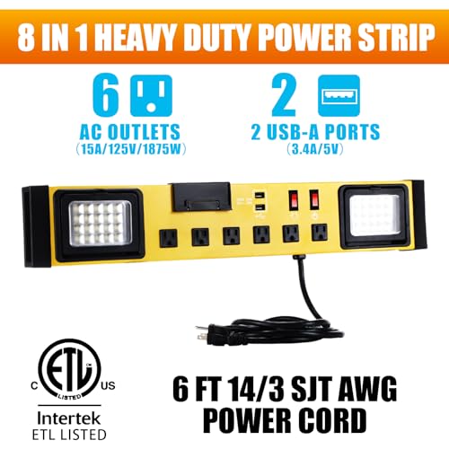 6 Outlets Power Strip with LED Worklight (Yellow Black)