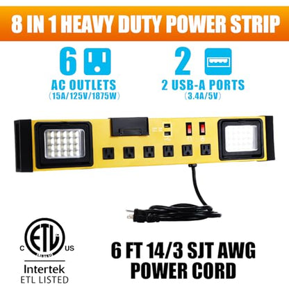 6 Outlets Power Strip with LED Worklight (Yellow Black)