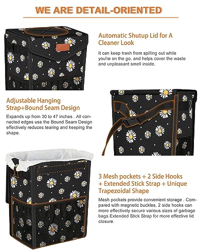 Car Trash Can with Lid Leakproof Car Garbage Bag Vehicle Trash Bin (2.8 Gallons / Black Flower)