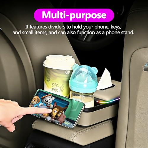 Car Armrest Storage Box with LED Ambient Light (Beige)