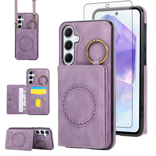 Compatible with Samsung Galaxy S24 FE 5G Wallet Case Screen Protector Crossbody Shoulder Strap Ring Buckle Stand Card Holder Magnetic Car Mount Phone Cover for S 24 EF AI S24FE 24S Women Men Purple (Purple / for S24 FE)