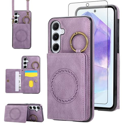 Compatible with Samsung Galaxy S23 FE 5G Wallet Case and Screen Protector Crossbody Shoulder Strap Ring Buckle Stand Card Holder Magnetic Car Mount Phone Cover for S 23 EF S23FE 23S Women Men Purple (Purple / for S23 FE)