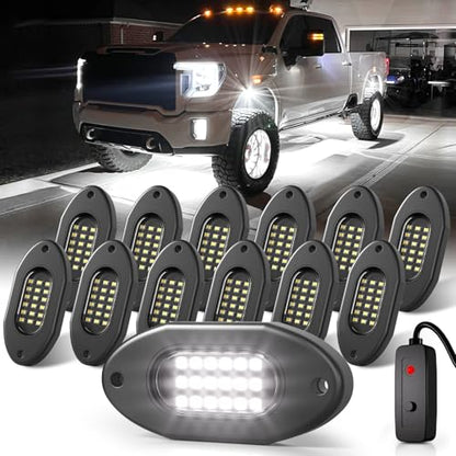 Pure White Rock Lights for Trucks 12 Pods with Switch 6000K (Pure White / 12 Pods)