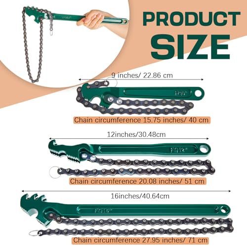 3 Pcs Large Reversible Chain Oil Filter Wrench with 12 16 9 Inch Chain Wrench Adjustable Heavy Duty Carbon Steel Sturdy Pipe Fitting Tool Spanner for Ratcheting Universal (Green)