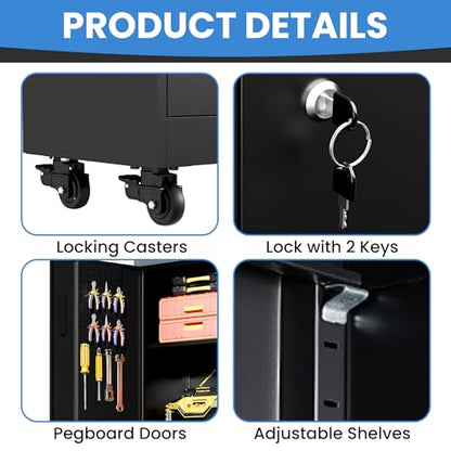 Metal Storage Cabinet for Garage (Black / L - 4 Doors & 1 Drawers (Wheeled))