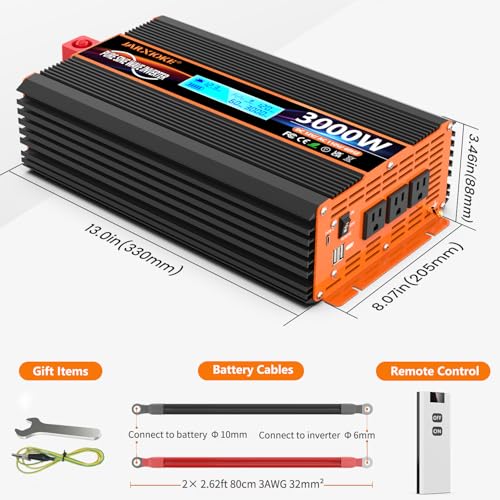 3000 Watt Pure Sine Wave Power Inverter 12V DC to 110V 120V Converter for Family RV Off Grid Solar System Car with Type (12V-3000W)