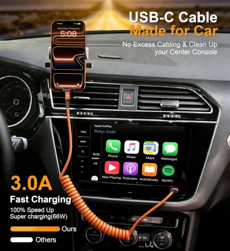 Coiled USB A to USB C Cable for Car [6FT (6FT / Orange)