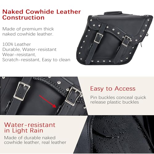 Naked Cowhide Leather Motorcycle Saddle Bags Studded Throw Over Saddlebags (Black 31L Studded & Braided)