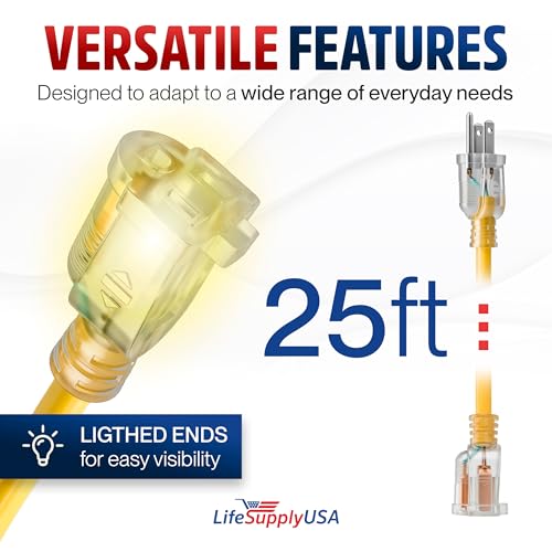 25ft Outdoor Indoor Extension Cord 12 (25 FT / 12AWG / Yellow)