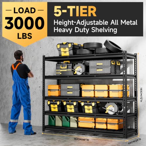 5 Tier 60" W X 20" D X 72" H Storage Shelves 3000LBS Metal Garage Shelving Adjustable Storage Shelf Metal Racks with Shelves Heavy Duty Shelving Units and Storage Utility Shelf