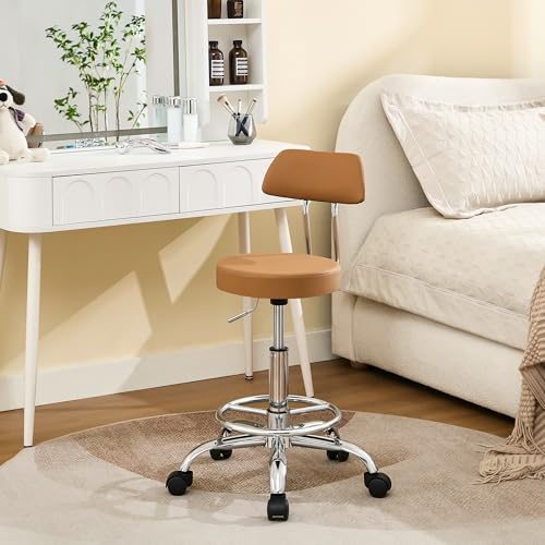 Rolling Stool with Back (Camel Brown / With Back & Footrest)