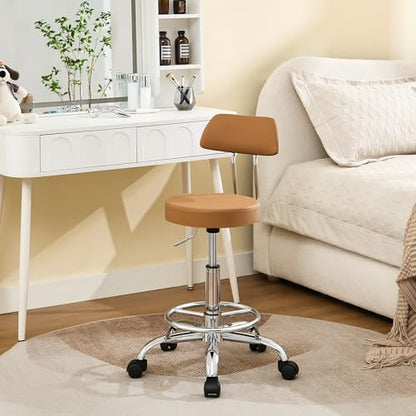 Rolling Stool with Back (Camel Brown / With Back & Footrest)