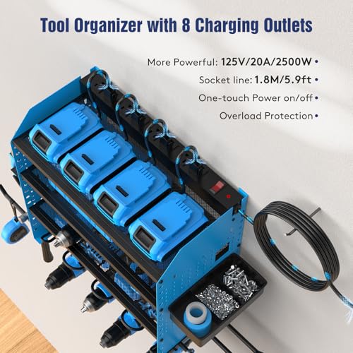 Heavy Duty Power Tool Organizer Wall Mount with Charging Station (Blue)