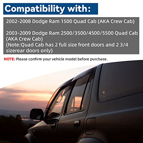 4pcs Window Visors Rain Guards for 02 (for 2002-2009 Dodge Ram 1500 Quad Cab)