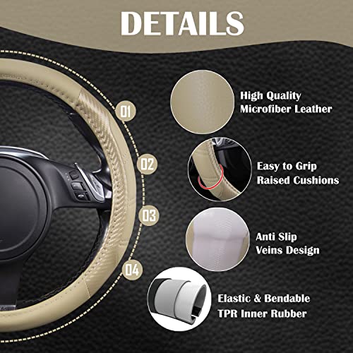 Line Rider Microfiber Leather Sporty Steering Wheel Cover Universal Fits for 95% Truck (Beige＆Carbon Fiber / Standard[14.5"-15"])