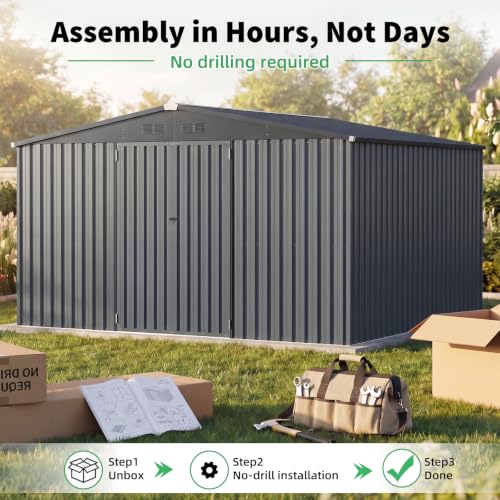 12' x 12' Waterproof Metal Garden Tool Shed (Dark Grey / 12x12)
