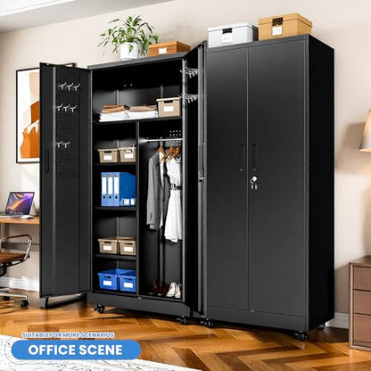 Metal Storage Cabinet for Garage (Black / L - 2 Doors & Hanging Rod (Wheeled))