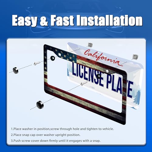 American Flag License Plate Frame Stainless Steel Patriotic Car Accessory (Vintage America Flag Design)