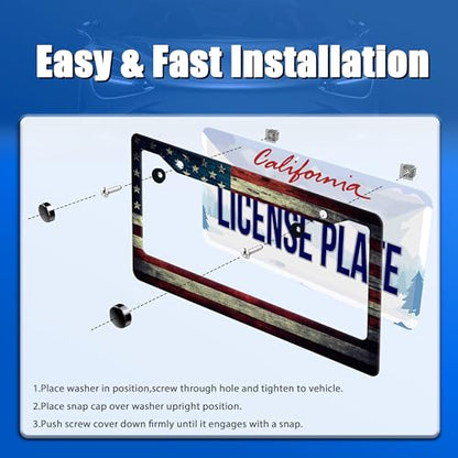 American Flag License Plate Frame Stainless Steel Patriotic Car Accessory (Vintage America Flag Design)