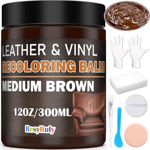 Leather Recoloring Balm Medium Brown Dye Vinyl Car Interior Boat Seat Paint Crafts Furniture Couch Recliner Chair Boot Jacket Shoe Bag Purse Belt Color Restorer Fading Stain Scratch Remover Repair (Medium Brown)