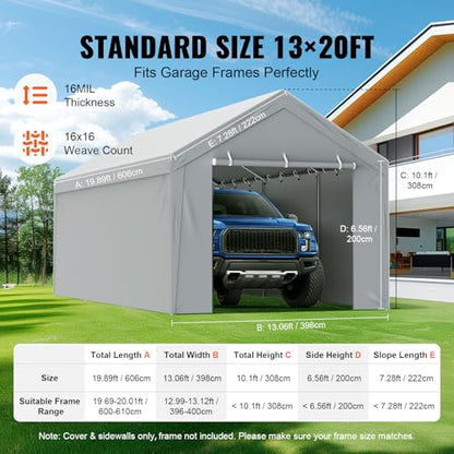 Carport Replacement Canopy Cover Top + Side Wall 13 x 20 ft (Gray / 13x20ft)