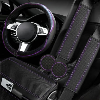 6 PCS Car Steering Wheel Cover Set (Steering Wheel Cover Set / Black with purple)