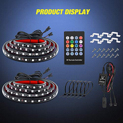 TL 31 2PCS 60Inch RGB Truck Bed Light Strip Kit 180 LED RF Remote Control with On Off Switch Blade Fuse 2Way Splitter Extension Cable for Cargo Pickup Truck SUV RV Boat (2Pcs 60Inch RGB Bed Strip w/Remote)