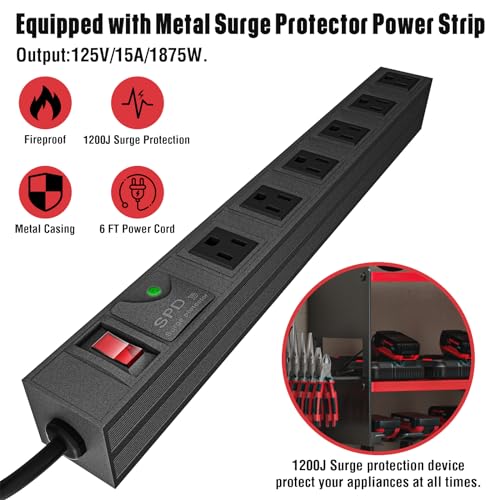 Power Tool Organizer with Charging Station Wall Mount (with Power Strip / Red)