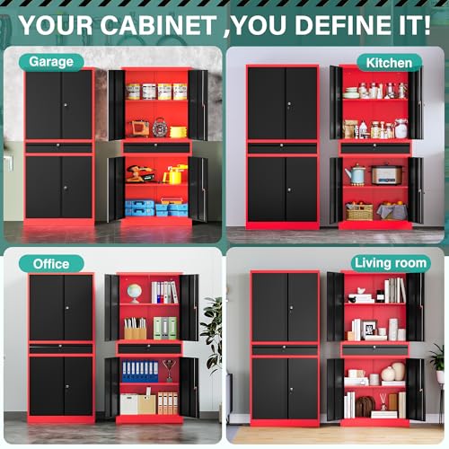 Metal Storage Cabinet with Drawer and Lock (71"H x 31.5"W x 16"D / Red Black)