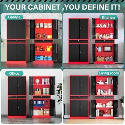 Metal Storage Cabinet with Drawer and Lock (71"H x 31.5"W x 16"D / Red Black)