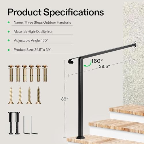 3 Step Stair Handrail 40"x39" Wrought Iron with 1 Curved End Black (Black / 3 Steps)