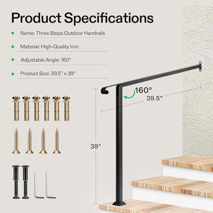 3 Step Stair Handrail 40"x39" Wrought Iron with 1 Curved End Black (Black / 3 Steps)