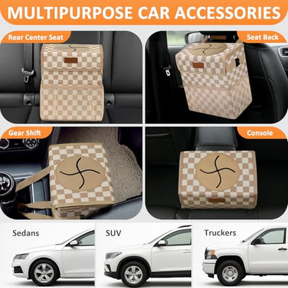 Car Trash Can with Lid Leak Proof Car Accessories for Women (2.2 Gallons / Khaki Checkered)