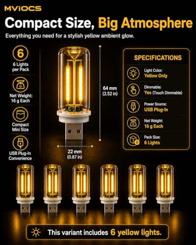 6 Pack USB Car Night Light (Yellow)