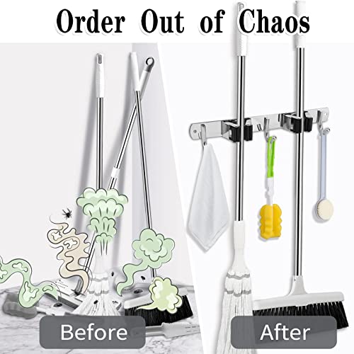 Broom Holder Wall Mount (2 Racks & 3 Hooks (Silver) - 1 Pack)