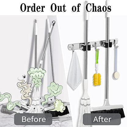 Broom Holder Wall Mount (2 Racks & 3 Hooks (Silver) - 1 Pack)