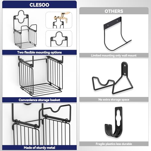 Garden Hose Holders for Outside Metal Water Hose Holder Wall Mount Hose Hanger with Storage Basket Heavy Duty Waterhose Holder for Outside Hose Rack Outdoor Hose Caddy Hook for Garden Organizer Black (Black)