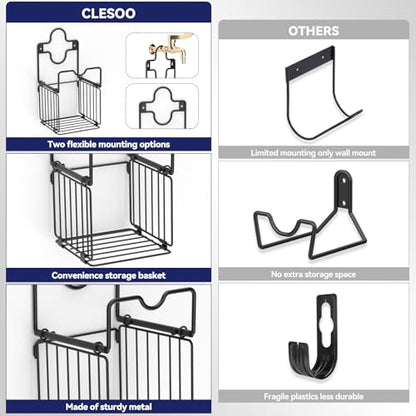 Garden Hose Holders for Outside Metal Water Hose Holder Wall Mount Hose Hanger with Storage Basket Heavy Duty Waterhose Holder for Outside Hose Rack Outdoor Hose Caddy Hook for Garden Organizer Black (Black)
