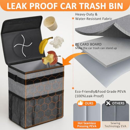 Car Trash Can with Lid Leak Proof Car Accessories for Women (3 Gallons / Grey)