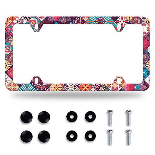 Boho Stitching Tile License Plate Frame Stainless Steel Accessory12.3x6.3In (Stitching Tile Boho Pattern)