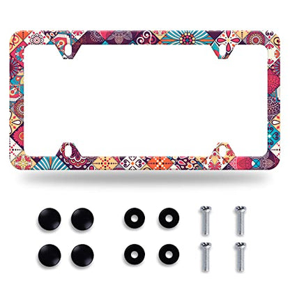 Boho Stitching Tile License Plate Frame Stainless Steel Accessory12.3x6.3In (Stitching Tile Boho Pattern)