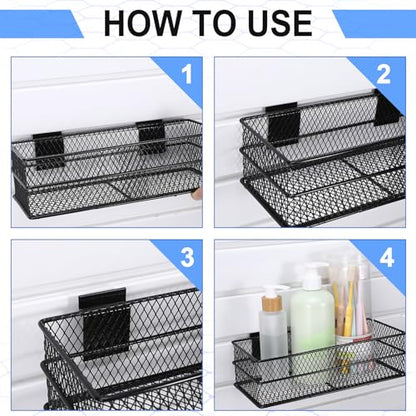 4 Pcs Slatwall Basket Set Ventilated Metal Slatwall Basket Hanging Wire Bins Wall Mounted Accessories for Panel Garage Storage Display Organizing (Assorted Sizes / Black)