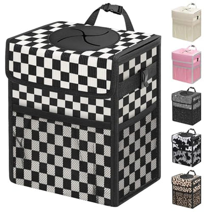 Car Trash Can with Lid (3 Gallons / Black Square Grid)