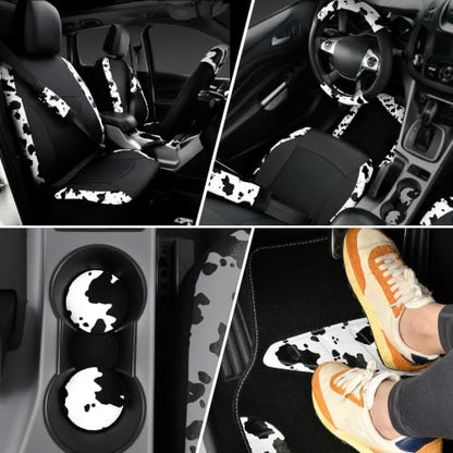 CAR PASS Cow Print Car Accessories Sets Faux Leather Car Seat Covers & Cow Car Mats & Cow Steering Wheel Cover Seat Belt Pads Universal fit for SUV (Cow Print Combo)